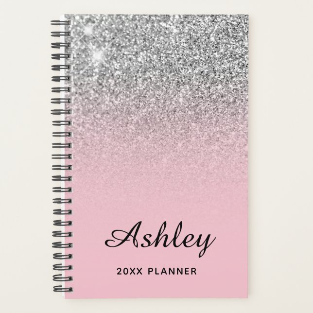 Pastell Pink Silver Glitzer Ombre Personalisiert Planer (Vorderseite)