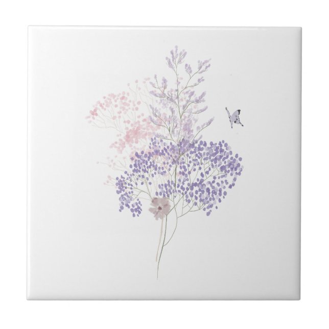 Pastell Pink und Lavendel Wildblume Schmetterling Fliese (Vorderseite)