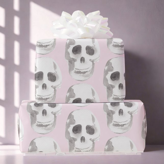 Pastell Pink Wasserfarbe Skull Halloween Geschenkpapier (Von Creator hochgeladen)