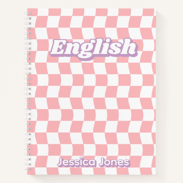 Pastell Pink White Checkerboard English School Notizbuch (Vorderseite)