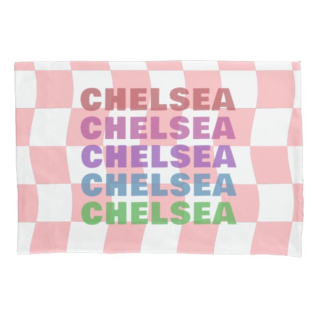 Pastell Pink White Checkerboard Name Typografie Kissenbezug (Vorderseite-Links)