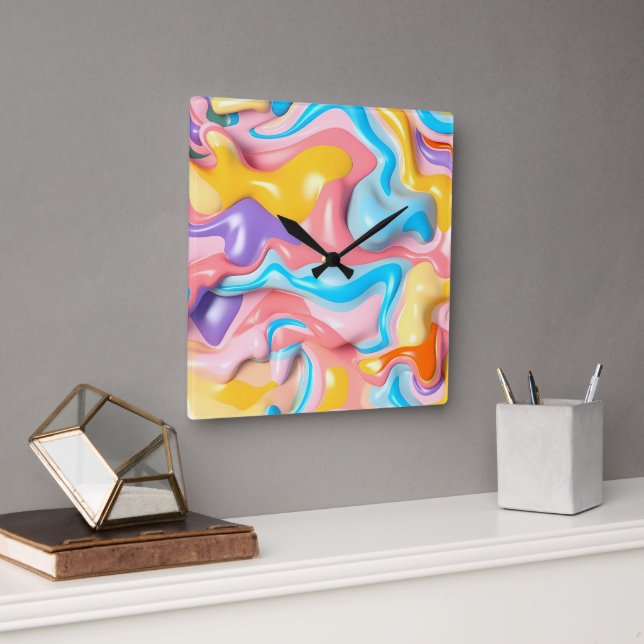 Pastell Plastische Flüssigkeit Abstrakt Quadratische Wanduhr (Büro)