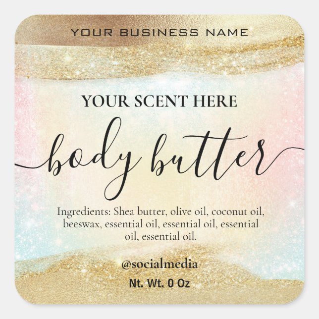 Pastell Rainbow Glitzer Gold Body Butter Quadratischer Aufkleber (Vorderseite)