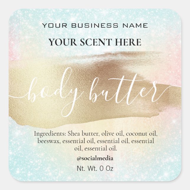 Pastell Rainbow Glitzer Gold Body Butter Quadratischer Aufkleber (Vorderseite)