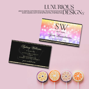 Pastell Rainbow Glitzer Monogram Black Gold Border Visitenkarte