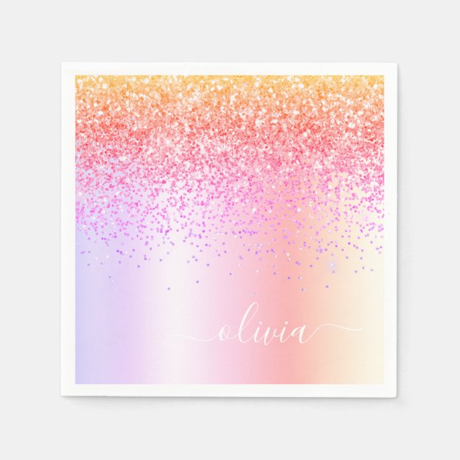 Pastell Rainbow Pink Gold Lila Glitzer Monogramm Serviette (Vorderseite)
