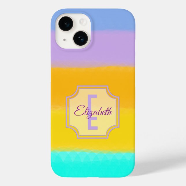 Pastell Rainbow Stripes Individuelle Name Monogram Case-Mate iPhone 14 Hülle (Rückseite)