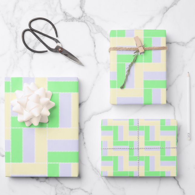 Pastell Rectangle Muster Weiße gestrichelte Linien Geschenkpapier Set (Vorderseite)