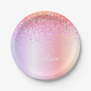 Pastell Regenbogen Rosa Gold Lila Glitter Monogram Pappteller