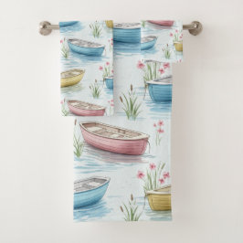 PASTELL ROSA BLAU GELB RUDERBOOTE AUF DEM WASSER BADHANDTUCH SET