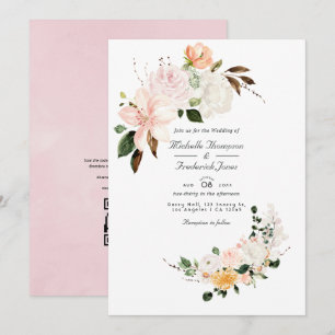 Pastell-Rosa-Blumen-Hochzeit mit QR-Code-RSVP Einladung