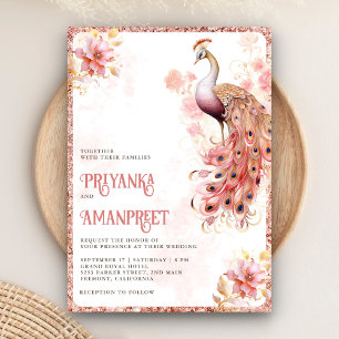 Pastell Rosa Gold Blumen Indien Pfau Hochzeit Einladung