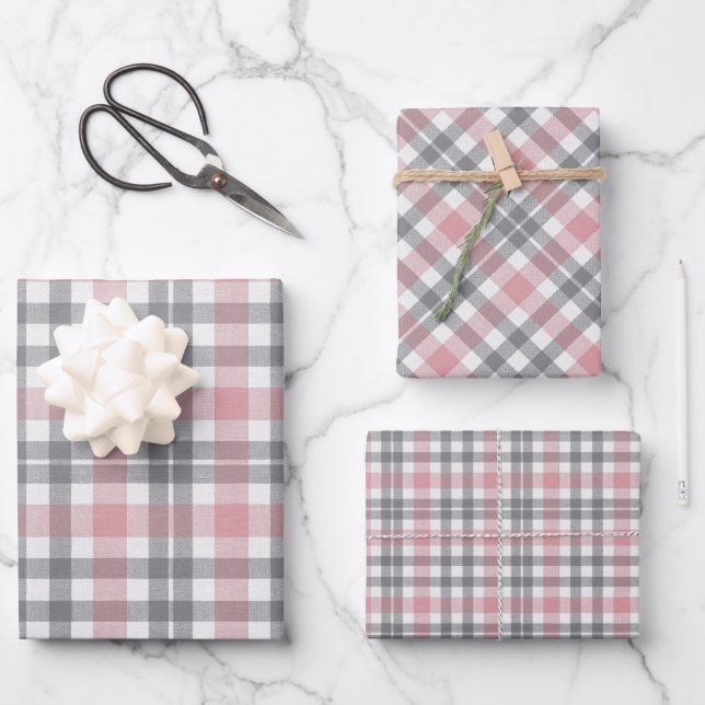 Pastell-Rosa Grau Weiß Karomuster Geschenkpapier Set (Vorderseite)