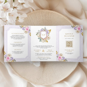 Pastell Rosa Lila Blumen All in One Crest Hochzeit Dreifach Gefaltete Einladung