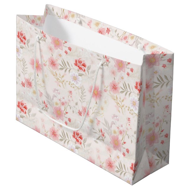 Pastell-Rosa-Rot-Weiße Blumenmuster Große Geschenktüte (Vorderseite Schrägansicht)