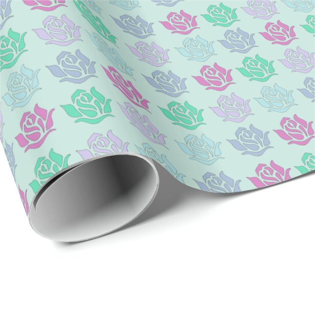 Pastell-Rosenmuster Blau Geschenkpapier (Rolleneckpunkt)
