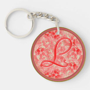 Pastell Rote Blume Blüten auf Creme - Mit Monogram Schlüsselanhänger