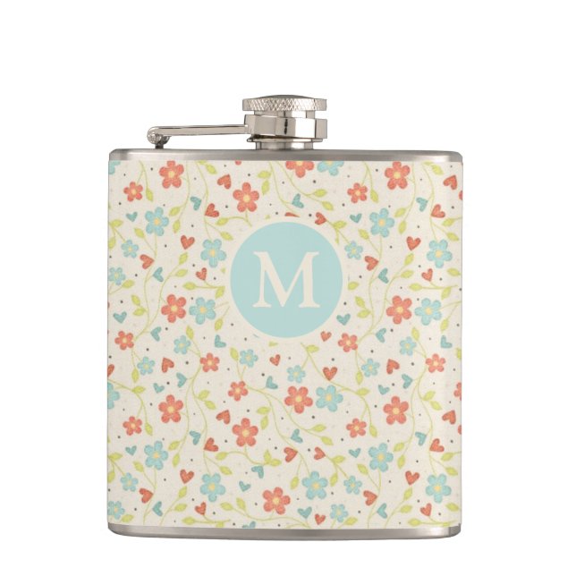Pastell Schönes Frühlingsblumenmuster Monogramm Flachmann (Vorderseite)