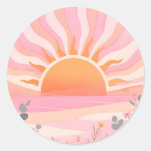 Pastell-Sonnenaufgang Boho-Wiese Runder Aufkleber
