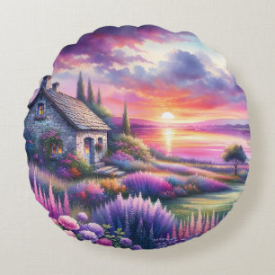 Pastell Sonnenuntergang Cottage Seeblick Garten Tr Rundes Kissen