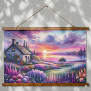 Pastell Sonnenuntergang Cottage Seeblick Garten Tr Wandteppich Mit Holzrahmen