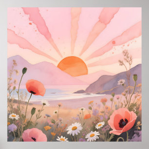 Pastell-Sonnenuntergang-Wildblumenwiese Poster