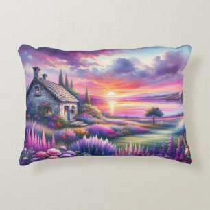 Pastell-Sonnenuntergangs-Häuschen Seeblick-Garten- Dekokissen