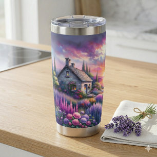 Pastell-Sonnenuntergangs-Häuschen Seeblick-Garten Thermobecher