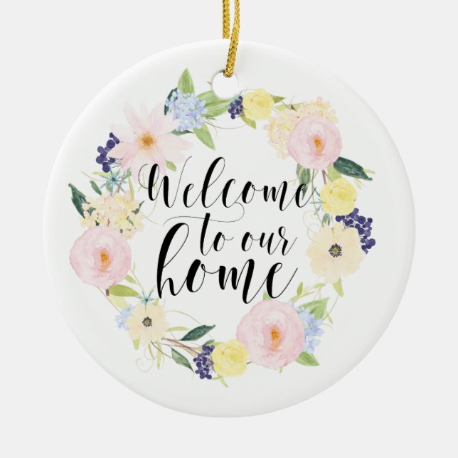 Pastell Spring Blumenkranz Willkommen auf unserer  Keramik Ornament (Vorne)
