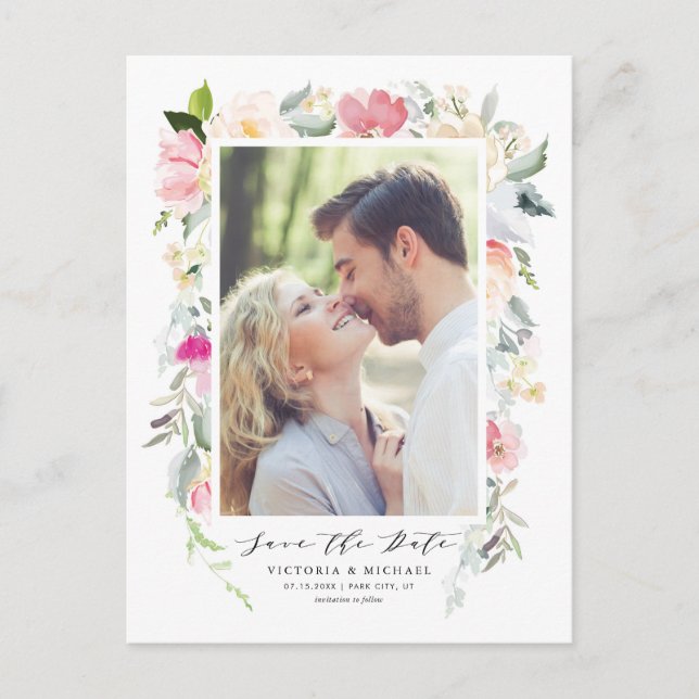 Pastell Spring Floral Frame Foto Save the Date Ankündigungspostkarte (Vorderseite)