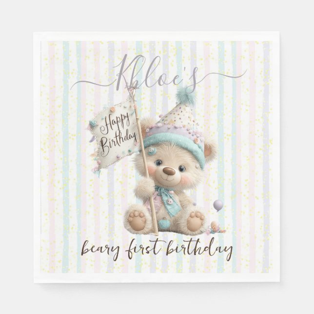 Pastell-Teddybär-Birthday  Serviette (Vorderseite)