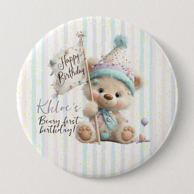 Pastell-Teddybär-Geburtstag Button (Vorderseite)