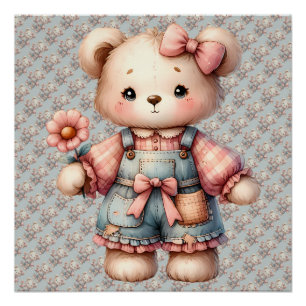 Pastell-Teddybär hält eine Blume und trägt Overall Poster