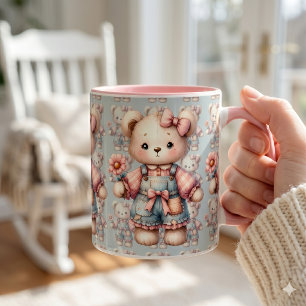Pastell-Teddybär hält eine Blume und trägt Overall Tasse
