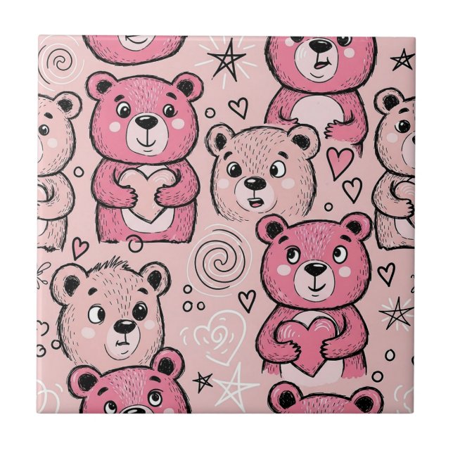 Pastell-Teddybär-Herz-Muster Fliese (Vorderseite)