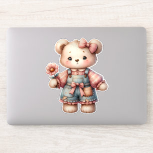 Pastell-Teddybär mit Blume und Latzhose Aufkleber