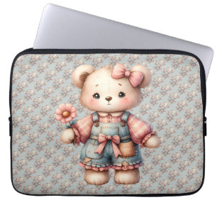 Pastell-Teddybär mit Blume und Latzhose Laptopschutzhülle