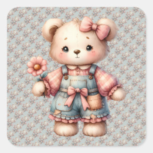 Pastell-Teddybär mit Blume und Latzhose Quadratischer Aufkleber