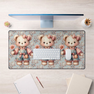 Pastell-Teddybär mit Blume und Latzhose Schreibtischunterlage
