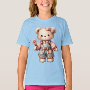 Pastell-Teddybär mit Blume und Latzhose T-Shirt