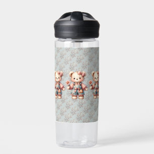 Pastell-Teddybär mit Blume und Latzhose Trinkflasche