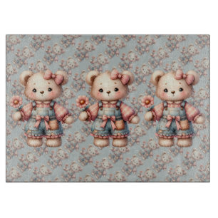Pastell-Teddybär mit Blume und Overall Schneidebrett