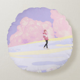 Pastell-Traumlandschaft-Spaziergänger Rundes Kissen