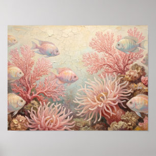 Pastell-Tropenfische und rosa Korallenmalerei Poster