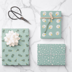 Pastell Türkis Weihnachten Schneemänner Bäume Ster Geschenkpapier Set