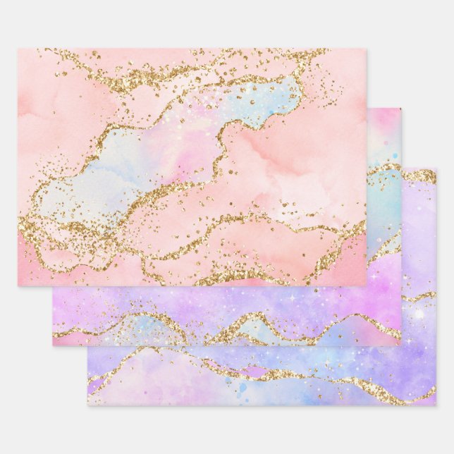 Pastell und Gold Imitate Glitzer Agate Geschenkpapier Set (Set)