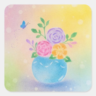 Pastell-Vase-Blumen-Schmetterling-Kunst Quadratischer Aufkleber