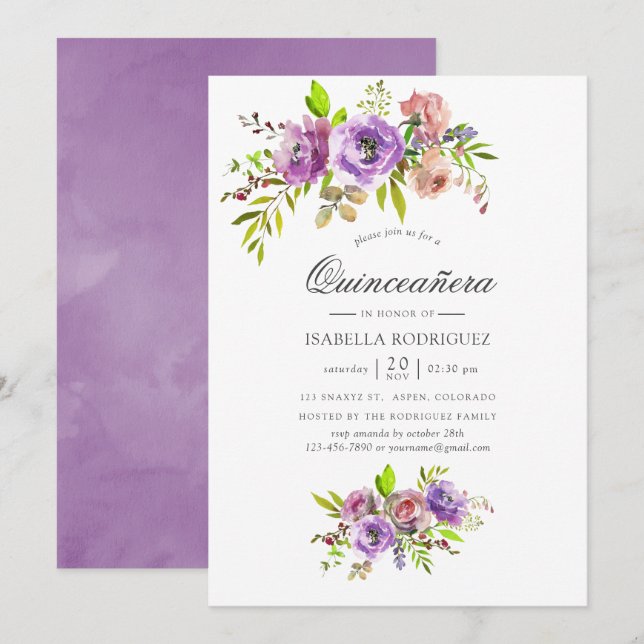Pastell Watercolor Floral Quinceañera Einladung (Vorne/Hinten)