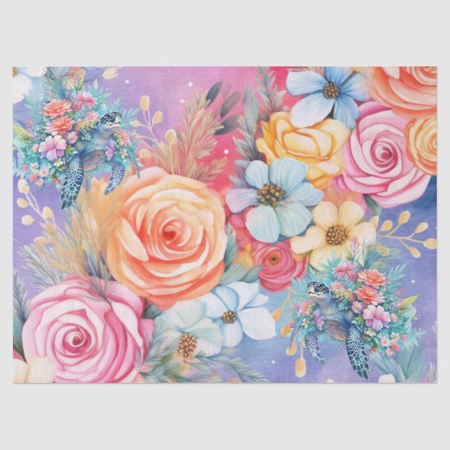 Pastell Watercolor Floral Sea Turtle Seidenpapier (Vorderseite)