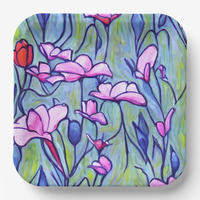 Pastell Watercolor Pink-Blume Pappteller (Vorderseite)